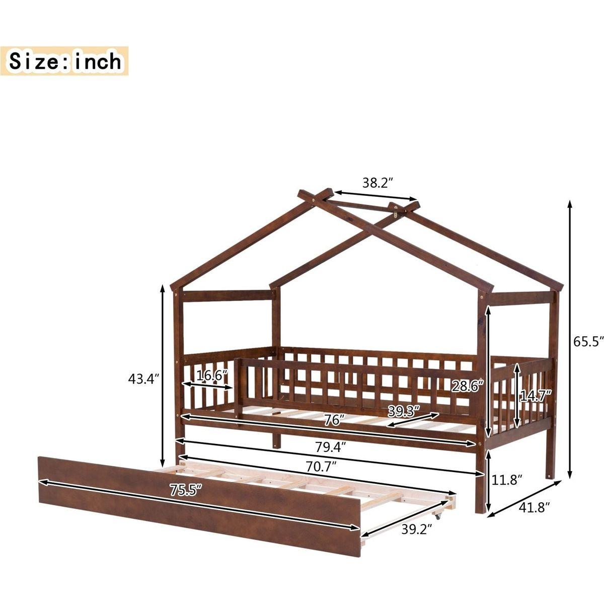 Twin Size Wooden House Bed with Twin Size Trundle, Walnut