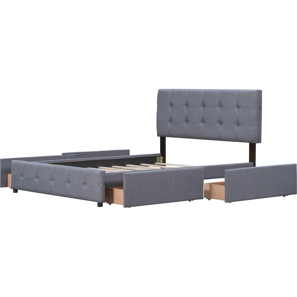 Upholstered Platform Bed with Classic Headboard and 4 Drawers, No Box Spring Needed, Linen Fabric, Queen Size Dark gray