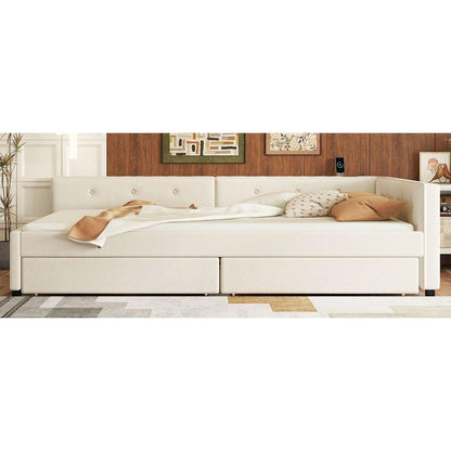Full Size Upholstered Platform Bed with USB and 2 Drawers, Beige
