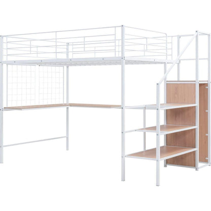 Full Size Metal Loft Bed with Desk and Metal Grid, Stylish Metal Frame Bed with Lateral Storage Ladder and Wardrobe, White