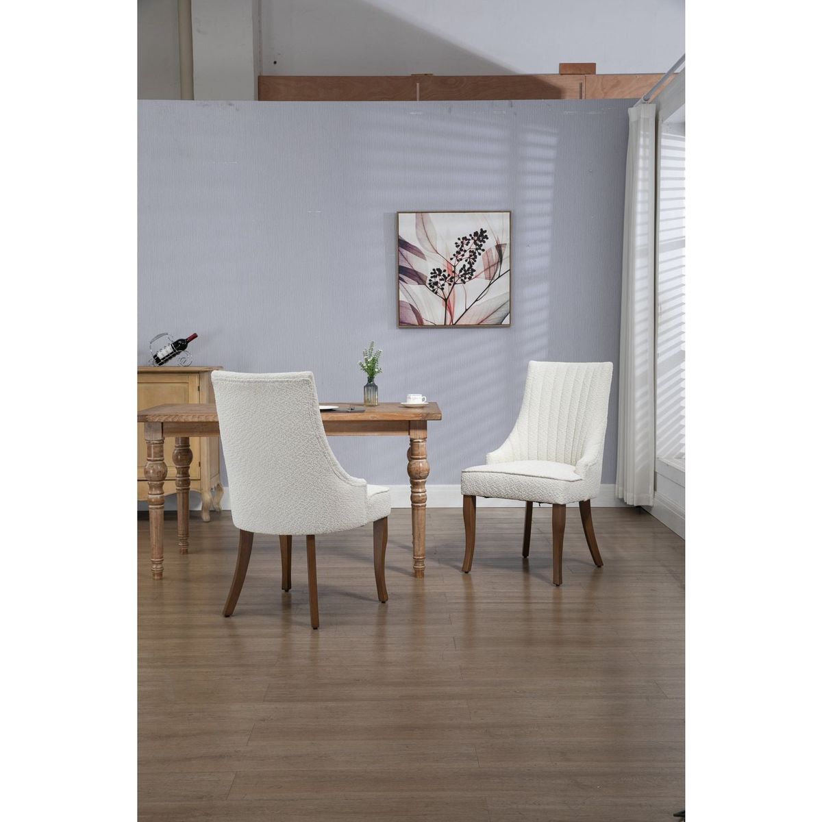 Exquisite White Boucle Upholstered Strip Back Dining Chair with Solid Wood Legs 2 Pcs