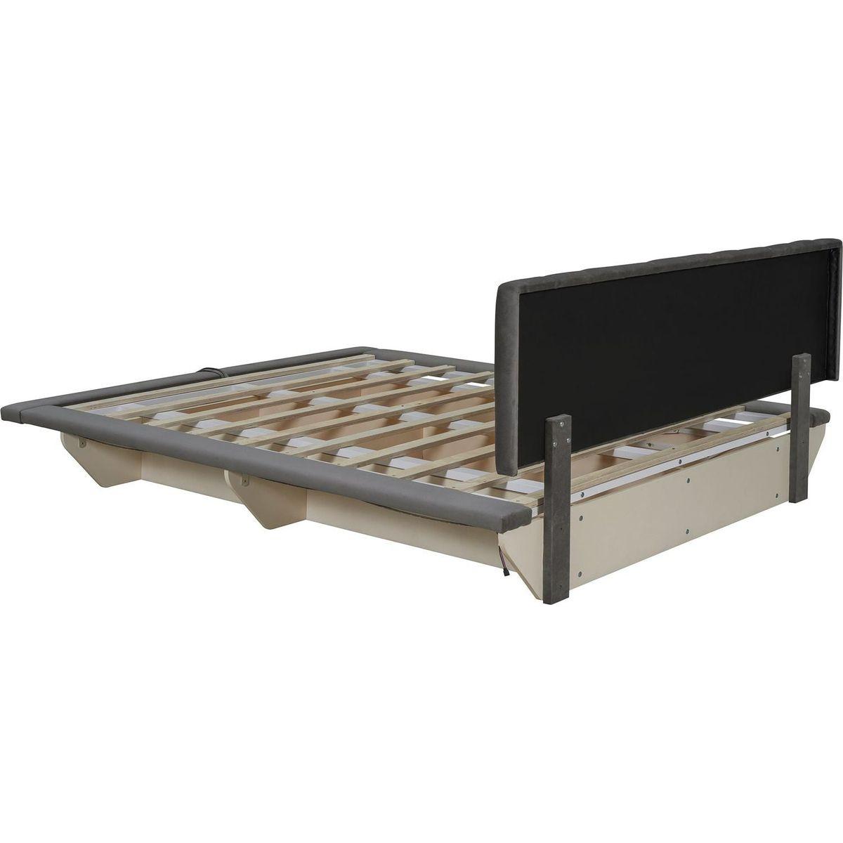 Queen Size Upholstered Floating Bed with LED Light and USB Port, Velvet, Gray, Hydrualic Platform Bed