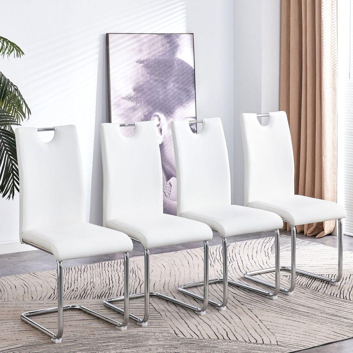 Modern Dining Chairs Set of 4, Side Dining Room/Kitchen Chairs, Faux Leather Upholstered Seat and Metal Legs Side Chairs, White