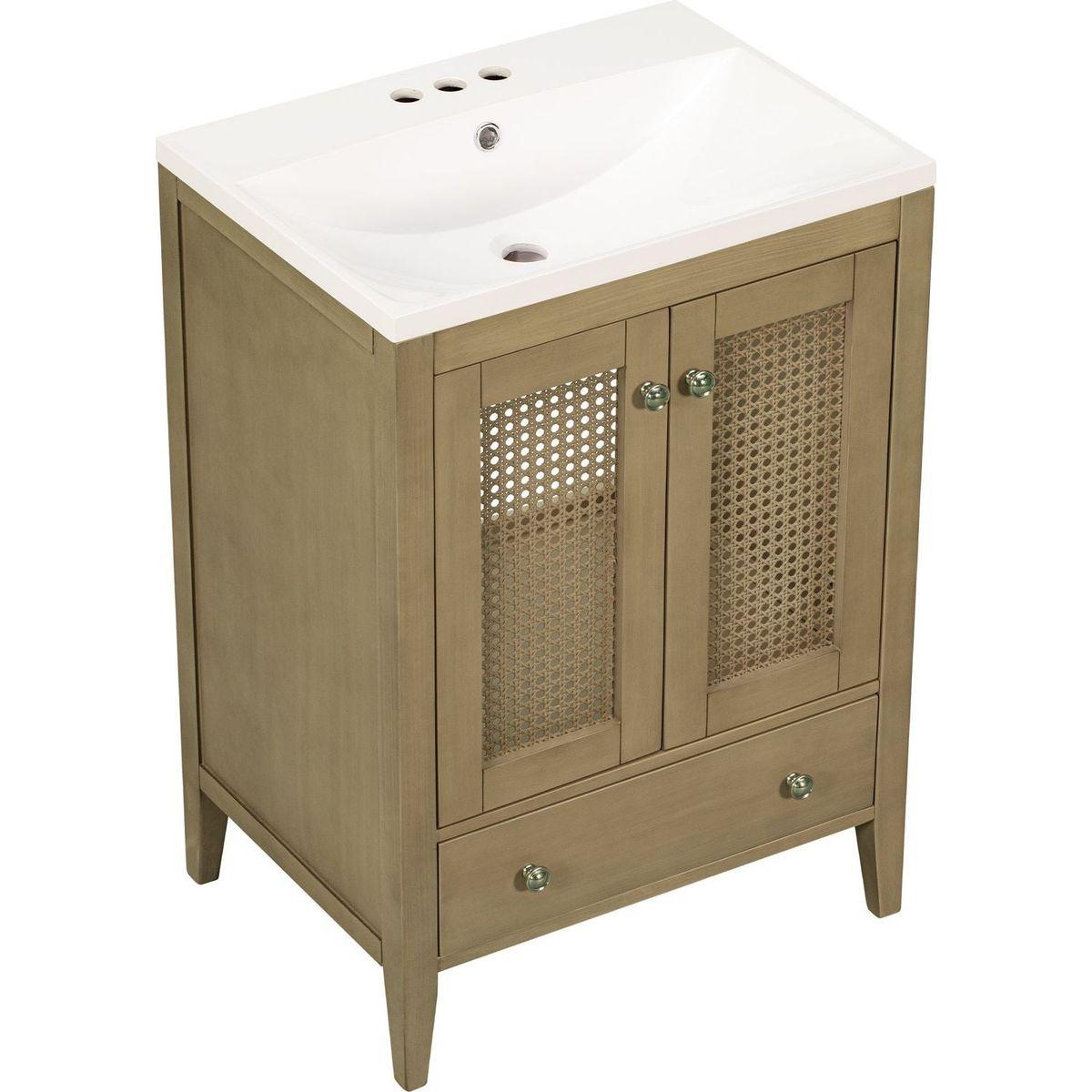 24" Bathroom Vanity with Ceramic Basin, Rattan Bathroom Storage Cabinet with Two Doors and Drawer, Solid Frame, Natural