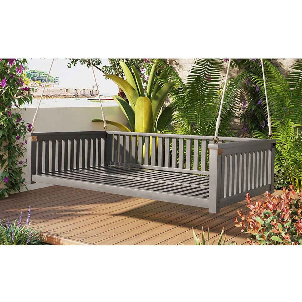 Patio Minimalist Twin Size Garden Swing Bed Wood Porch Swing with Ropes for Backyard, Safe Sloped Design, Gray