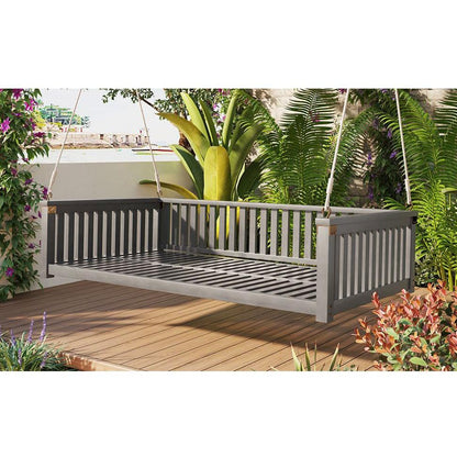 Patio Minimalist Twin Size Garden Swing Bed Wood Porch Swing with Ropes for Backyard, Safe Sloped Design, Gray