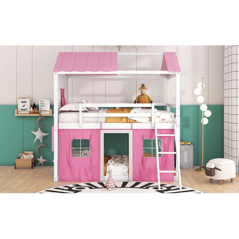 Full Size Bunk Wood House Bed with Elegant Windows, Sills and Tent, Pink+White