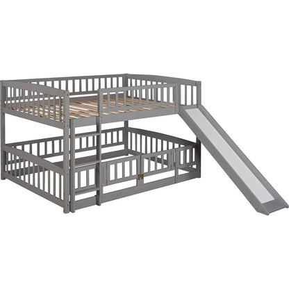 Bunk Bed with Slide,Full Over Full Low Bunk Bed with Fence and Ladder for Toddler Kids Teens Gray
