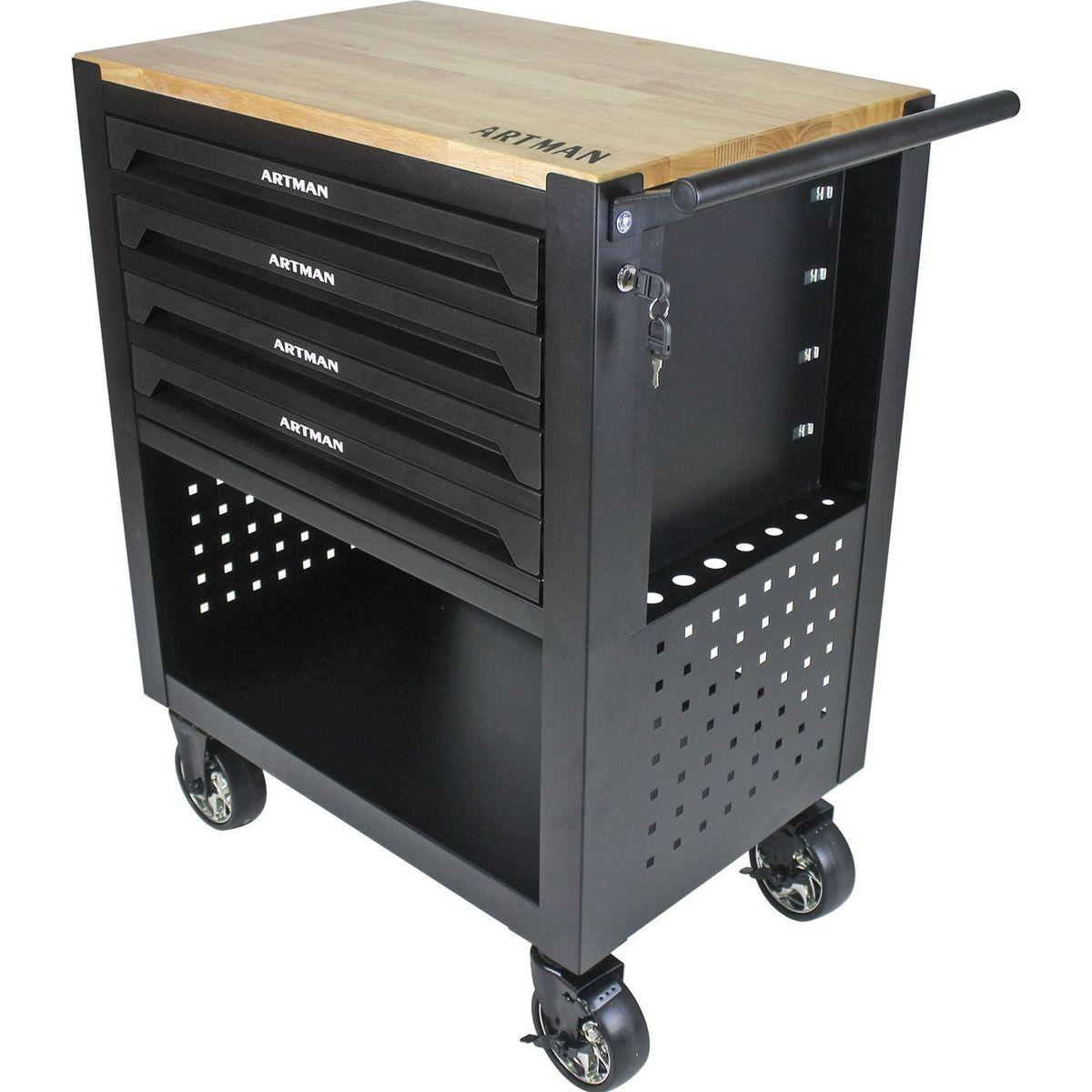 4 DRAWERS MULTIFUNCTIONAL TOOL CART WITH WHEELS AND WOODEN TOP-BLACK