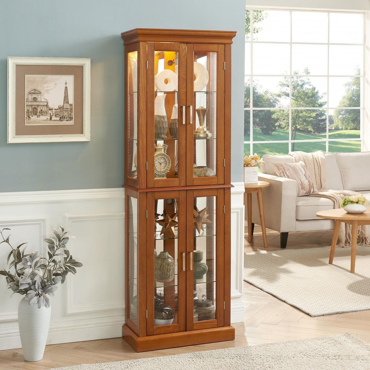 Curio Cabinet Lighted Curio Diapaly Cabinet with Adjustable Shelves and Mirrored Back Panel, Tempered Glass Doors (OAK, 6 Tier), (E26 light bulb not included)