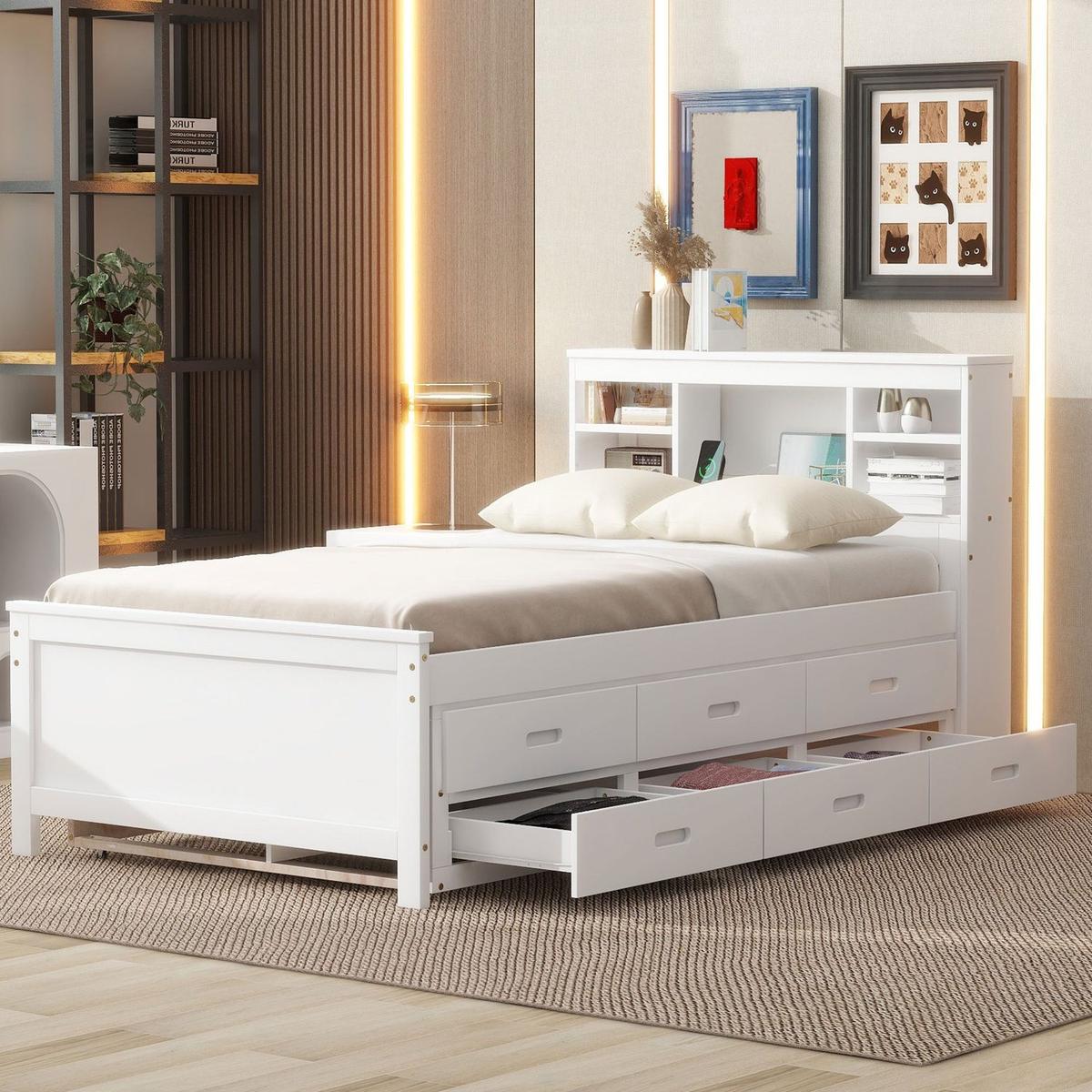 Twin Size Platform Bed with Storage Headboard, USB, Twin Size Trundle and 3 Drawers, White