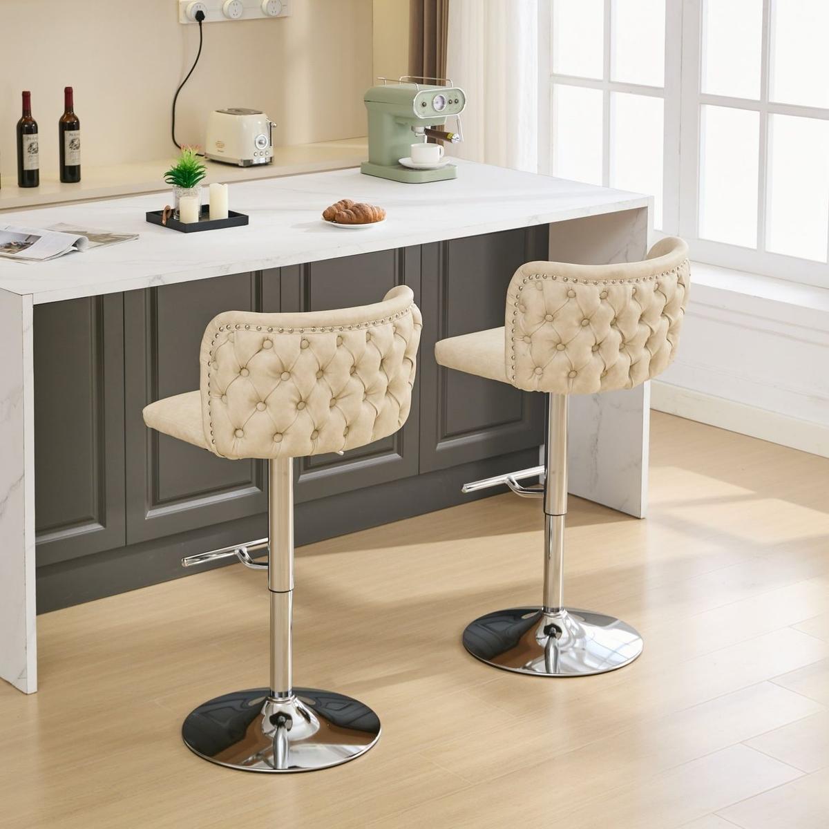 Swivel Barstools Adjusatble Seat Height With Chrome Base, Modern PU Upholstered Bar Stools with the whole Back Tufted, for Home Pub and Kitchen Island,Beige, Set of 2