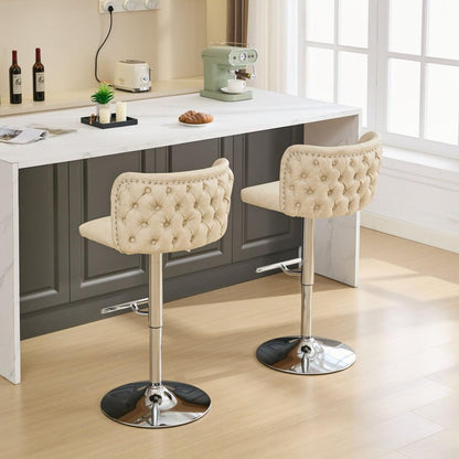 Swivel Barstools Adjusatble Seat Height With Chrome Base, Modern PU Upholstered Bar Stools with the whole Back Tufted, for Home Pub and Kitchen Island,Beige, Set of 2