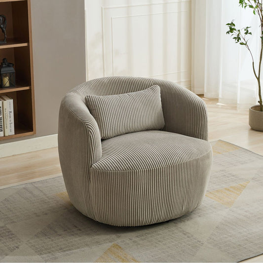 34.25 'Wide Upholstered Corduroy 360° Swivel Barrel Soft Accent Chair with Pillow, Circular Reading Armchair for Club, Living Room, Bedroom, Office, Lounge, Light Gray.