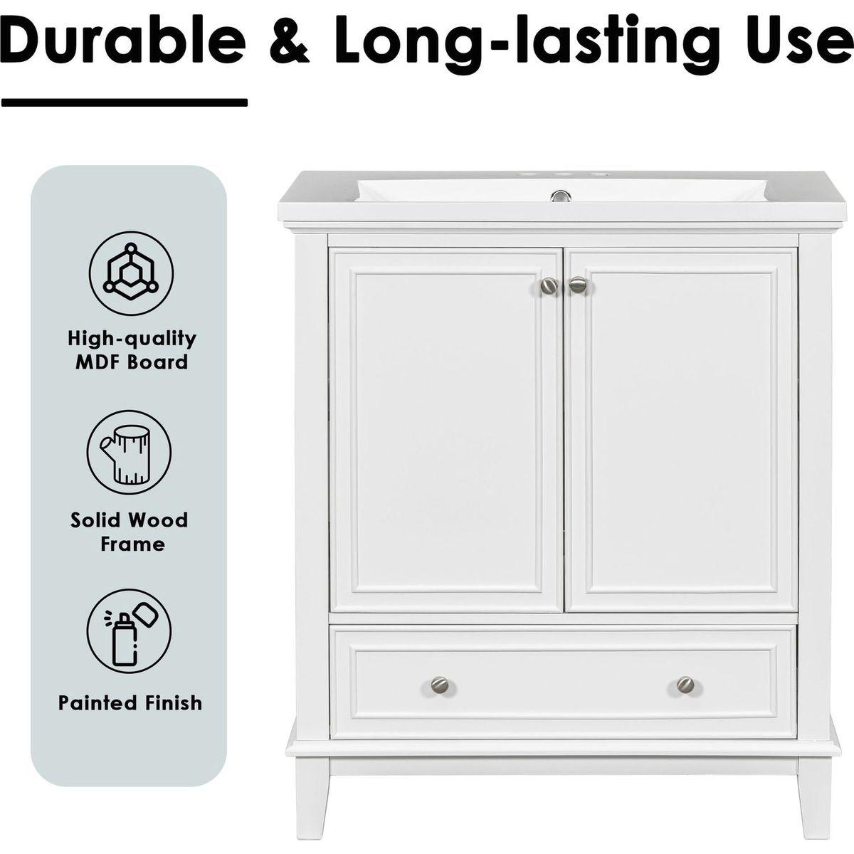 30" Bathroom Vanity with Sink Combo, Multi-functional Bathroom Cabinet with Doors and Drawer, Solid Frame and MDF Board, White