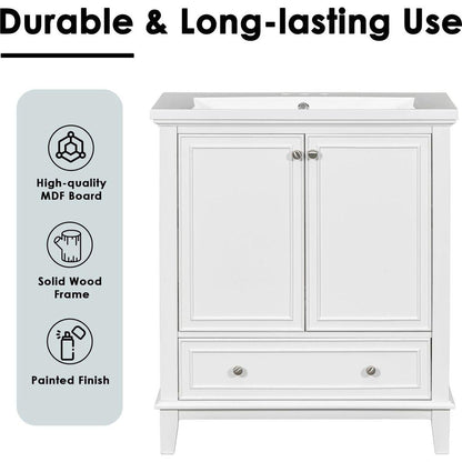 30" Bathroom Vanity without Sink, Base Only, Multi-functional Bathroom Cabinet with Doors and Drawer, Solid Frame and MDF Board, White