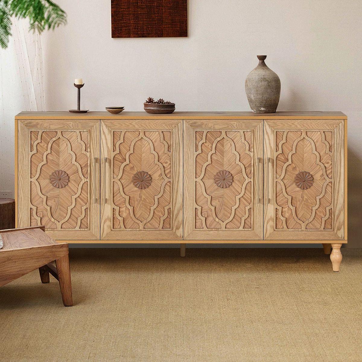 Carved Flower Door Large Storage Cabinet With Metal Handle Suitable For Living Room, Kitchen, Entryway(NATURAL WOOD) - Streamdale Furniture