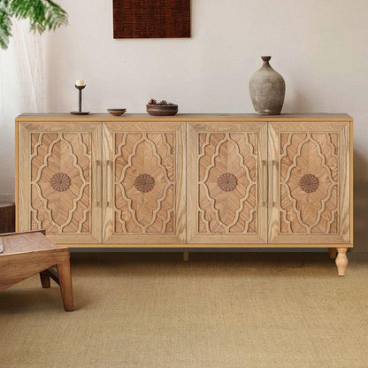 Carved Flower Door Large Storage Cabinet With Metal Handle Suitable For Living Room, Kitchen, Entryway(NATURAL WOOD) - Streamdale Furniture