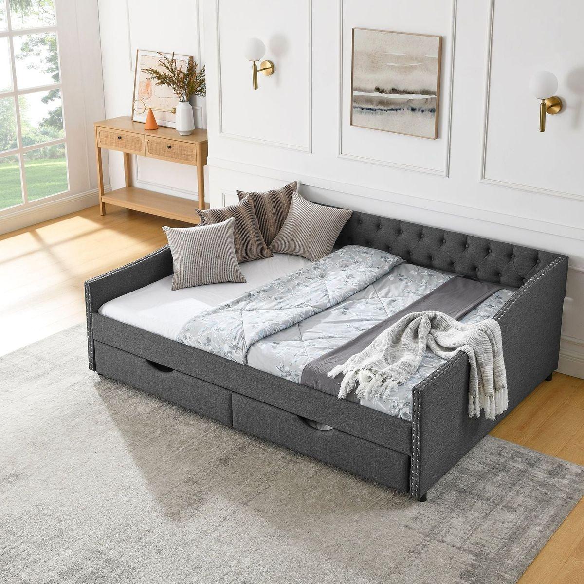 Queen Size Daybed with Drawers Upholstered Tufted Sofa Bed,,with Button on Back and Copper Nail on Waved Shape Arms(84.5"x63.5"x26.5")