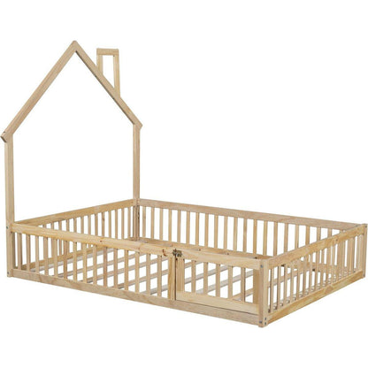 Wood Full Size House Platform Bed with Guardrail, Natural