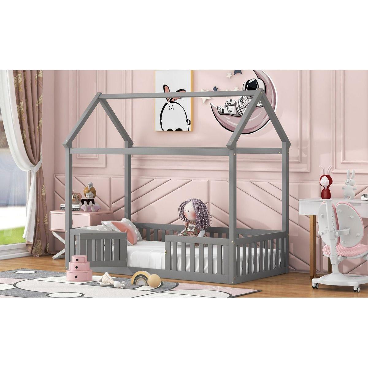 Twin Size Wood House Bed with Fence and Door, Gray