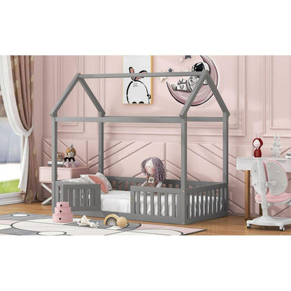 Twin Size Wood House Bed with Fence and Door, Gray