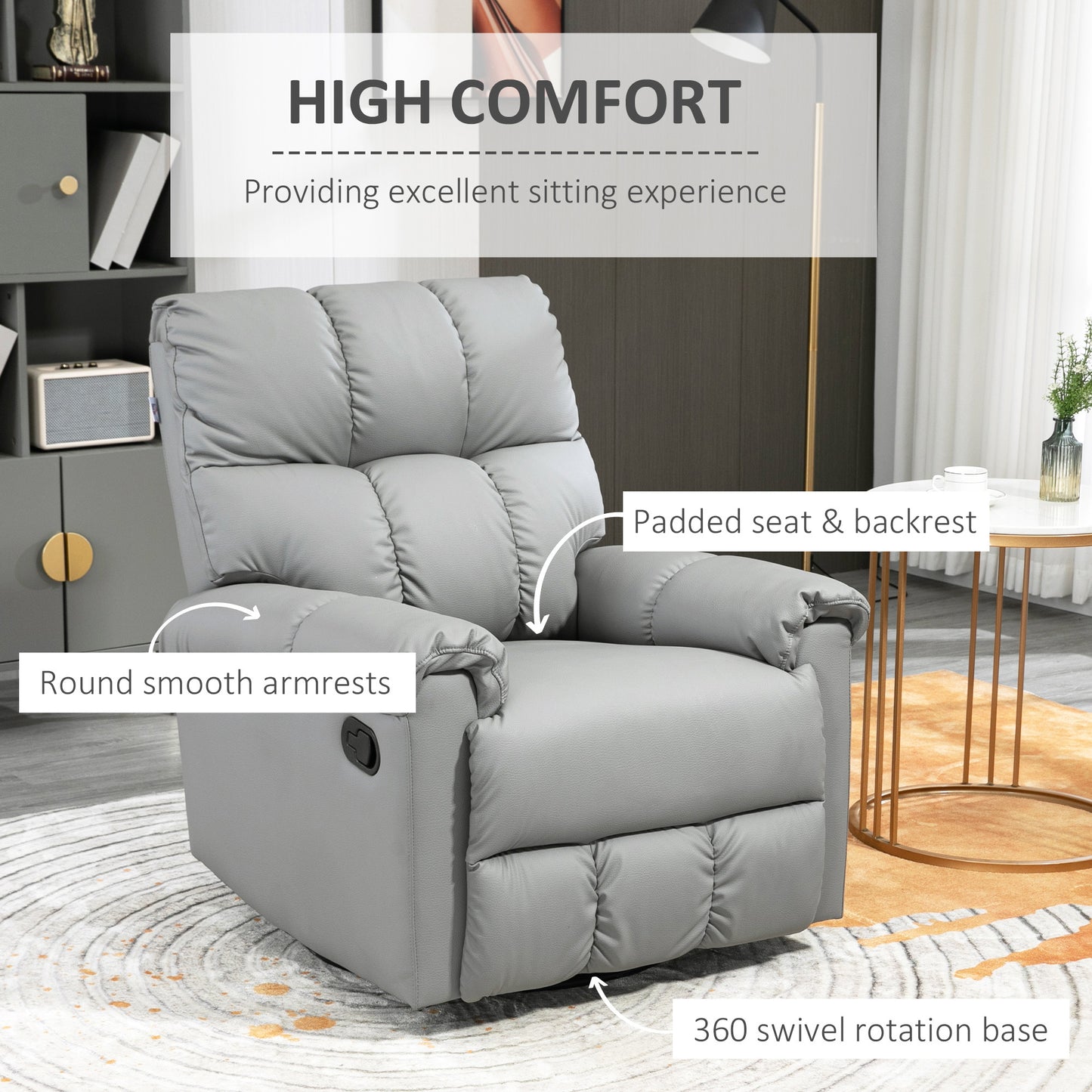 Rocker Recliner Chair with Overstuffed Back and Seat, Faux Leather Manual Reclining Chair with Footrest and 360 Swivel Rotation Base for Living Room, Gray