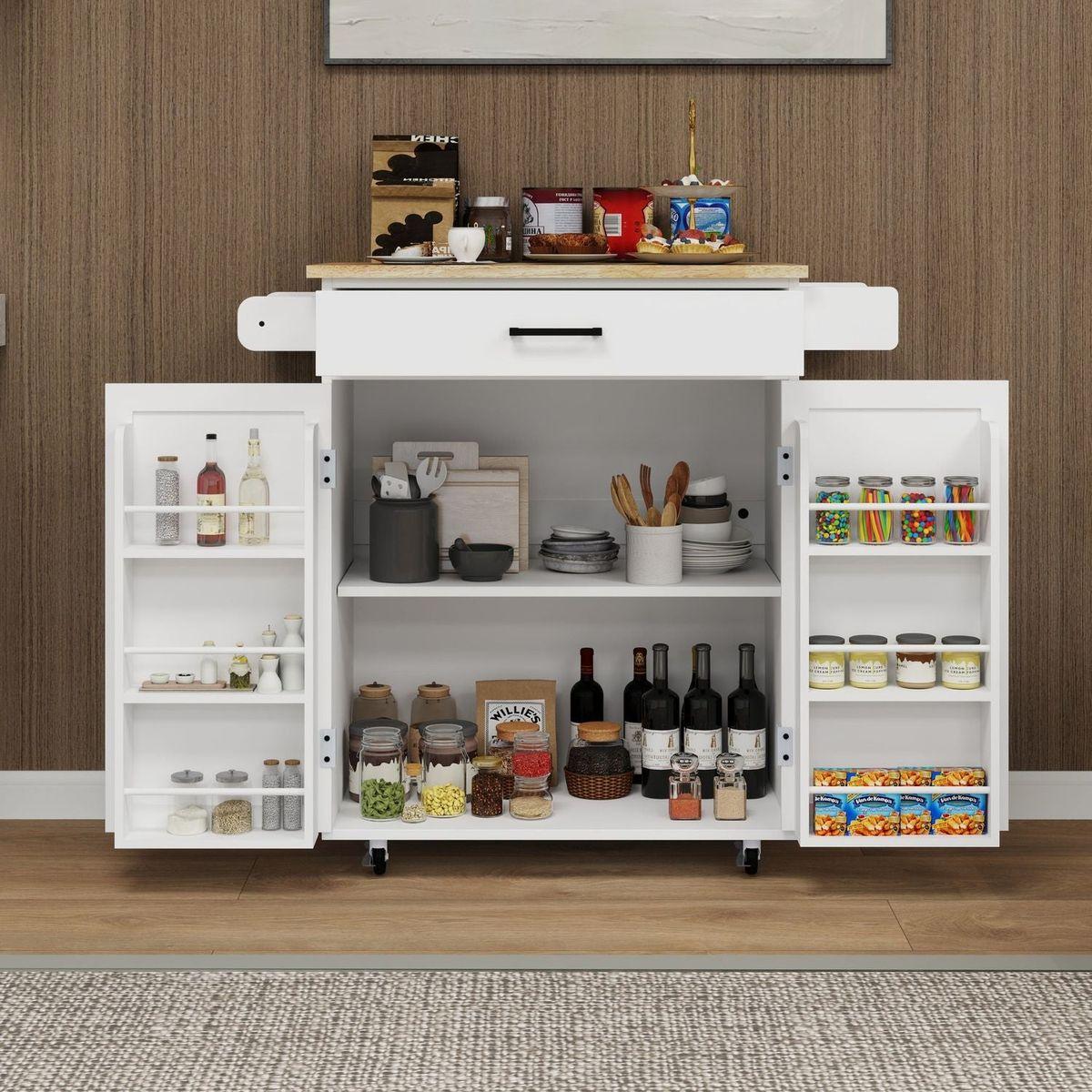 Kitchen island rolling trolley cart with 1 drawer & 2 doors with storage racks & Adjustable Shelves & towel rack & seasoning rack rubber wood table top-White - Streamdale Furniture