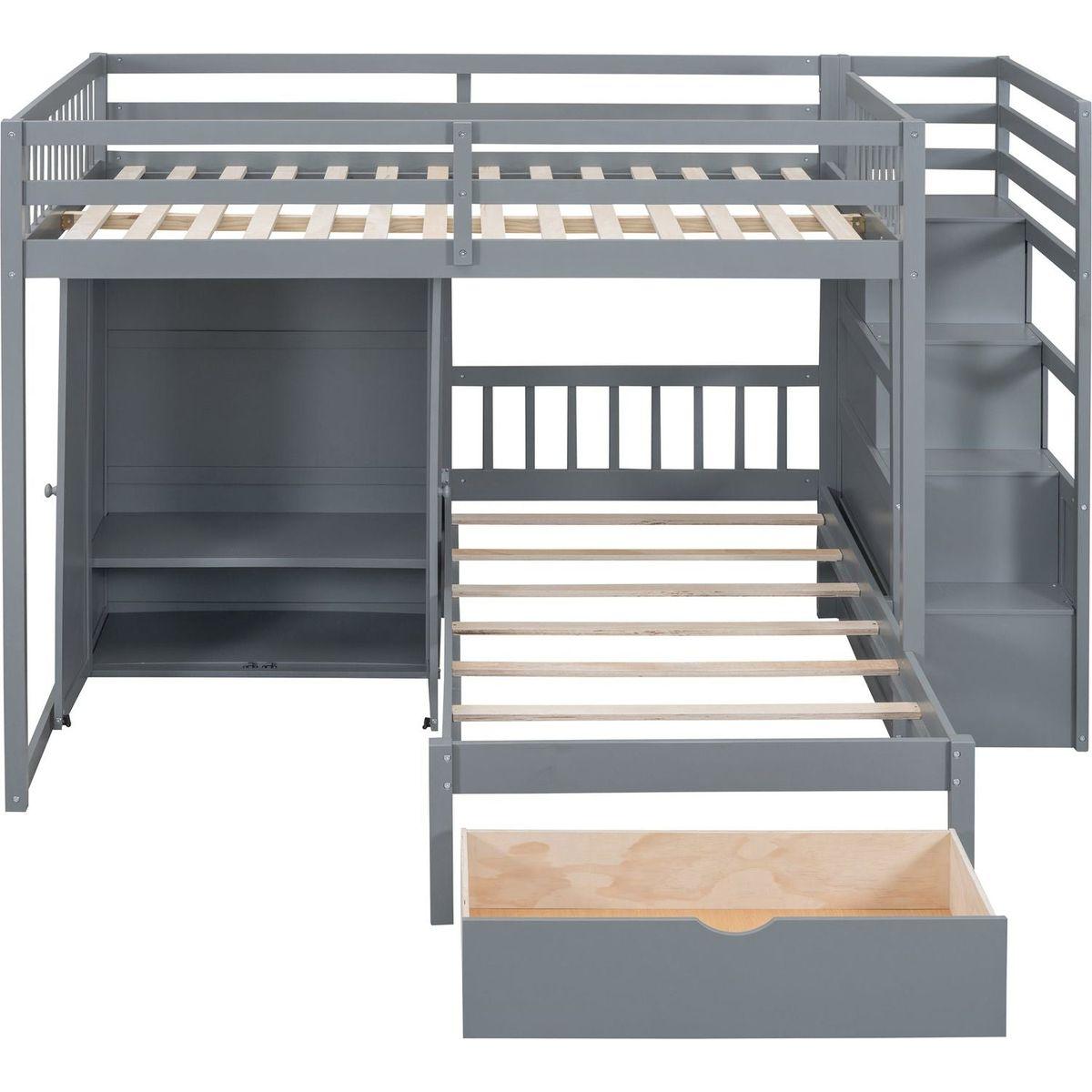 Full Over Twin Bunk Bed with Wardrobe, Drawers, Gray