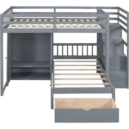 Full Over Twin Bunk Bed with Wardrobe, Drawers, Gray