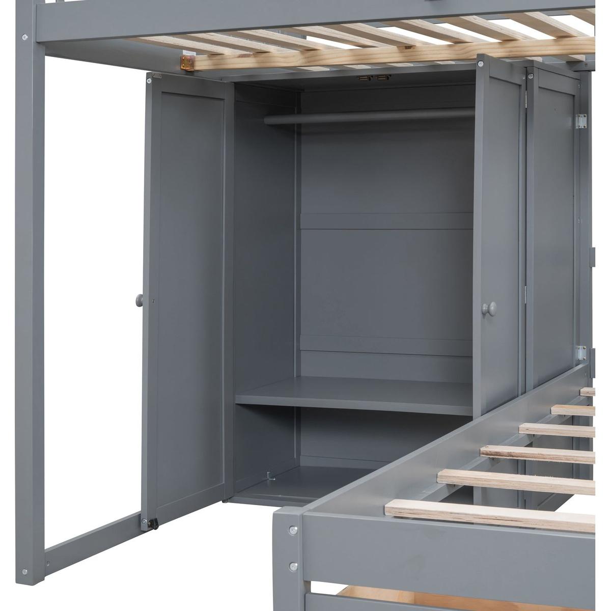 Full Over Twin Bunk Bed with Wardrobe, Drawers, Gray