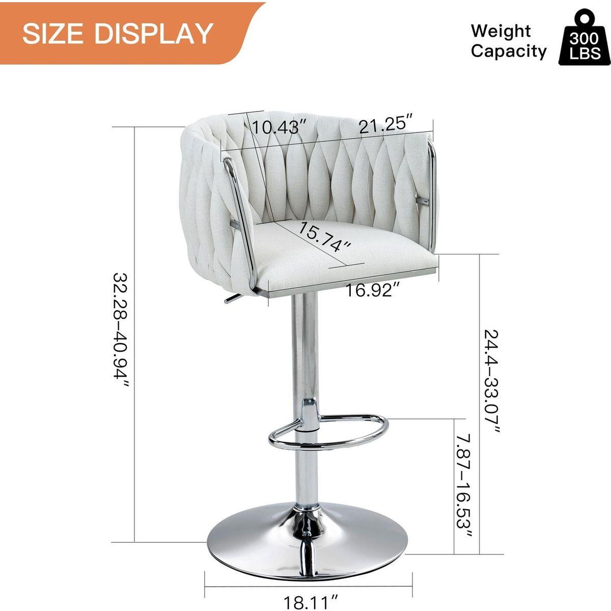 360 Fabric cover Swivel Bar Stools Set of 2, Adjustable Counter Height Bar Chairs with Woven Back & Footrest,Silver chromed Bar Stools for Kitchen Island, Cafe, Pub (Beige)