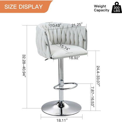 360 Fabric cover Swivel Bar Stools Set of 2, Adjustable Counter Height Bar Chairs with Woven Back & Footrest,Silver chromed Bar Stools for Kitchen Island, Cafe, Pub (Beige)