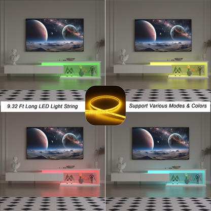 TV Console with Storage Cabinets, Extendable LED TV Stand with Remote Control, Multiple Modes Changing Lights Modern Entertainment Center with Chamfer Edge Shape, White