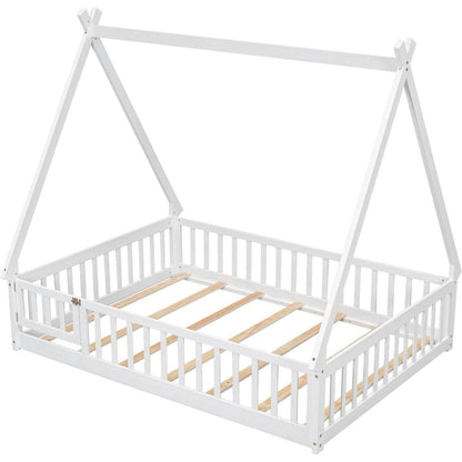 Full Tent-shaped Floor Bed, with Guardrails, Slats, Door, White