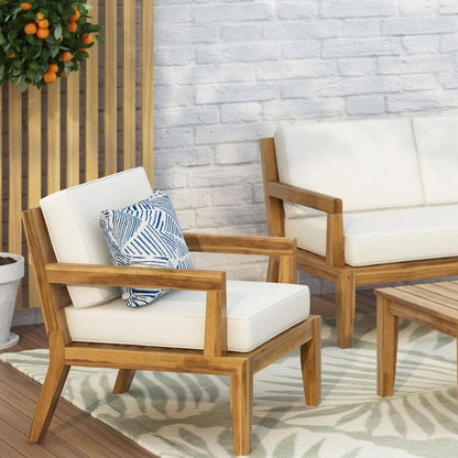 Outdoor Club Chairs with Cushions, 29" H X 26.5" W X 29" D, acacia wood + Teak Finish + Beige
