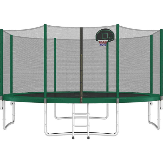 14FT Trampoline for Kids with Safety Enclosure Net, Basketball Hoop and Ladder, Easy Assembly Round Outdoor Recreational Trampoline