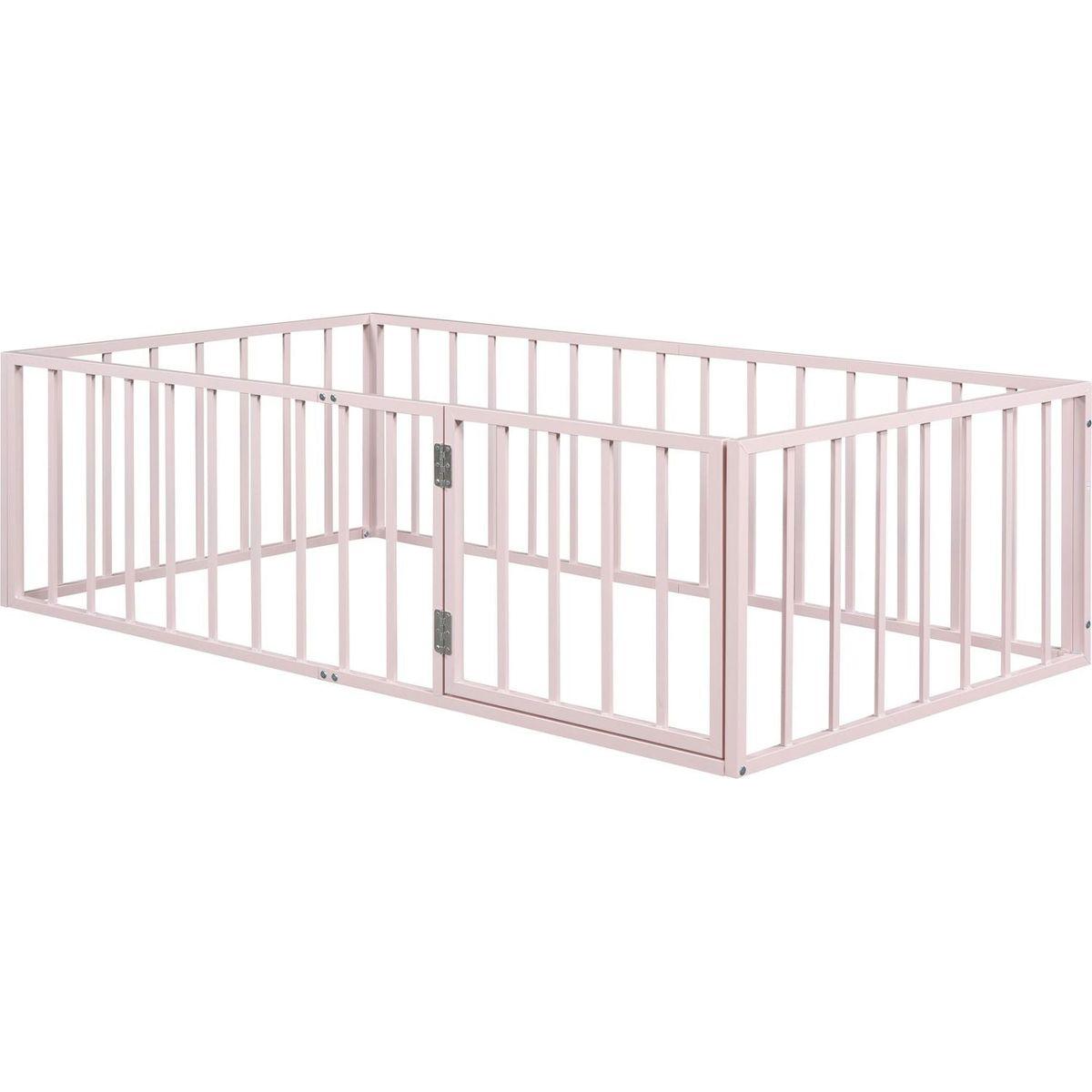 Twin Size Metal Floor Bed Frame with Fence and Door, Pink