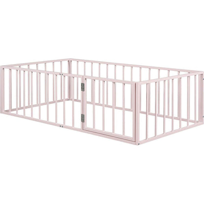 Twin Size Metal Floor Bed Frame with Fence and Door, Pink
