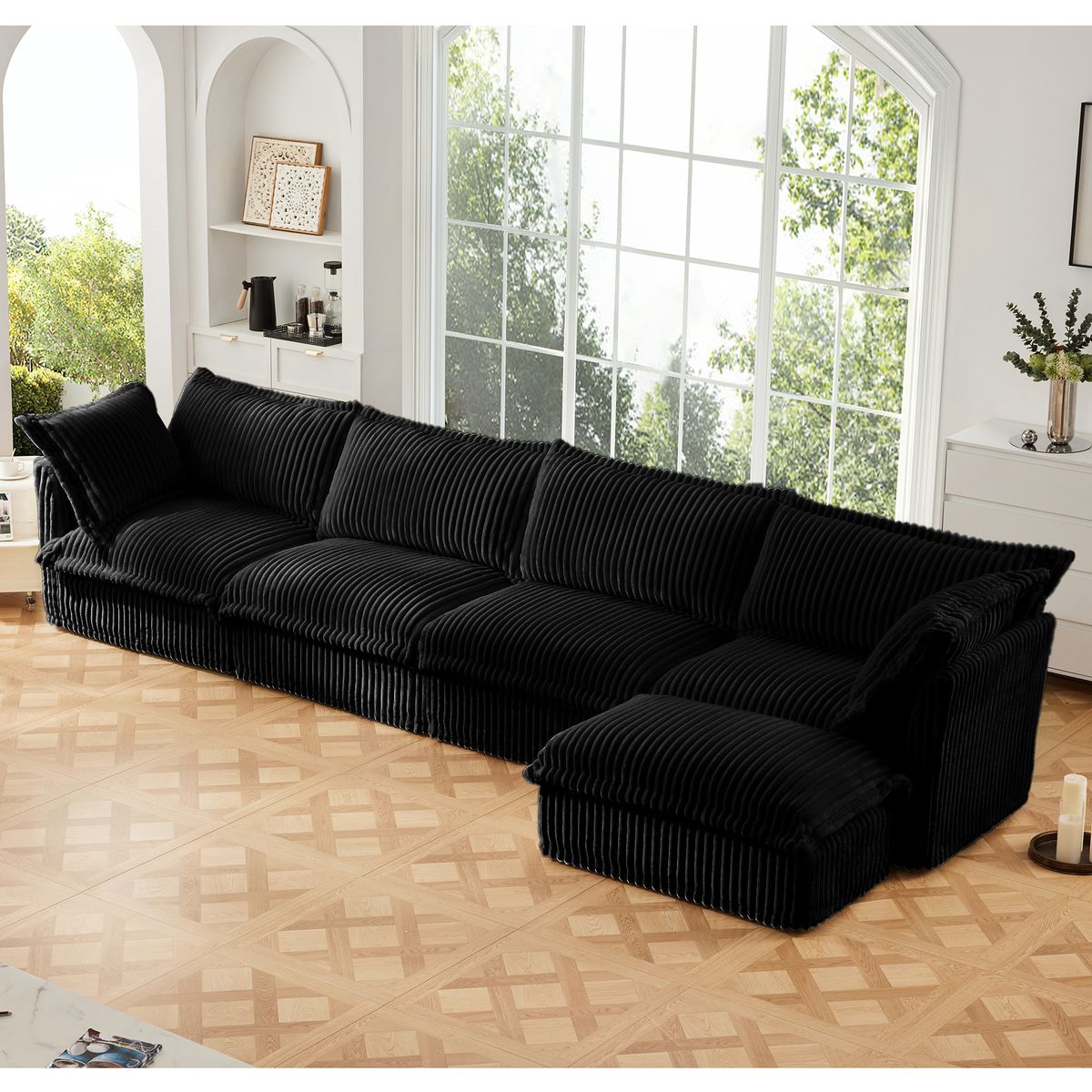Slipcovered L Shape Sectional Long Sofa Couch, 4 Seater Sofa with Suppleness Armrests,Deep Seat Sofa with 2 Big Pillows, Comfy Couch for Living Room, Apartment, Black Corduroy Fabric