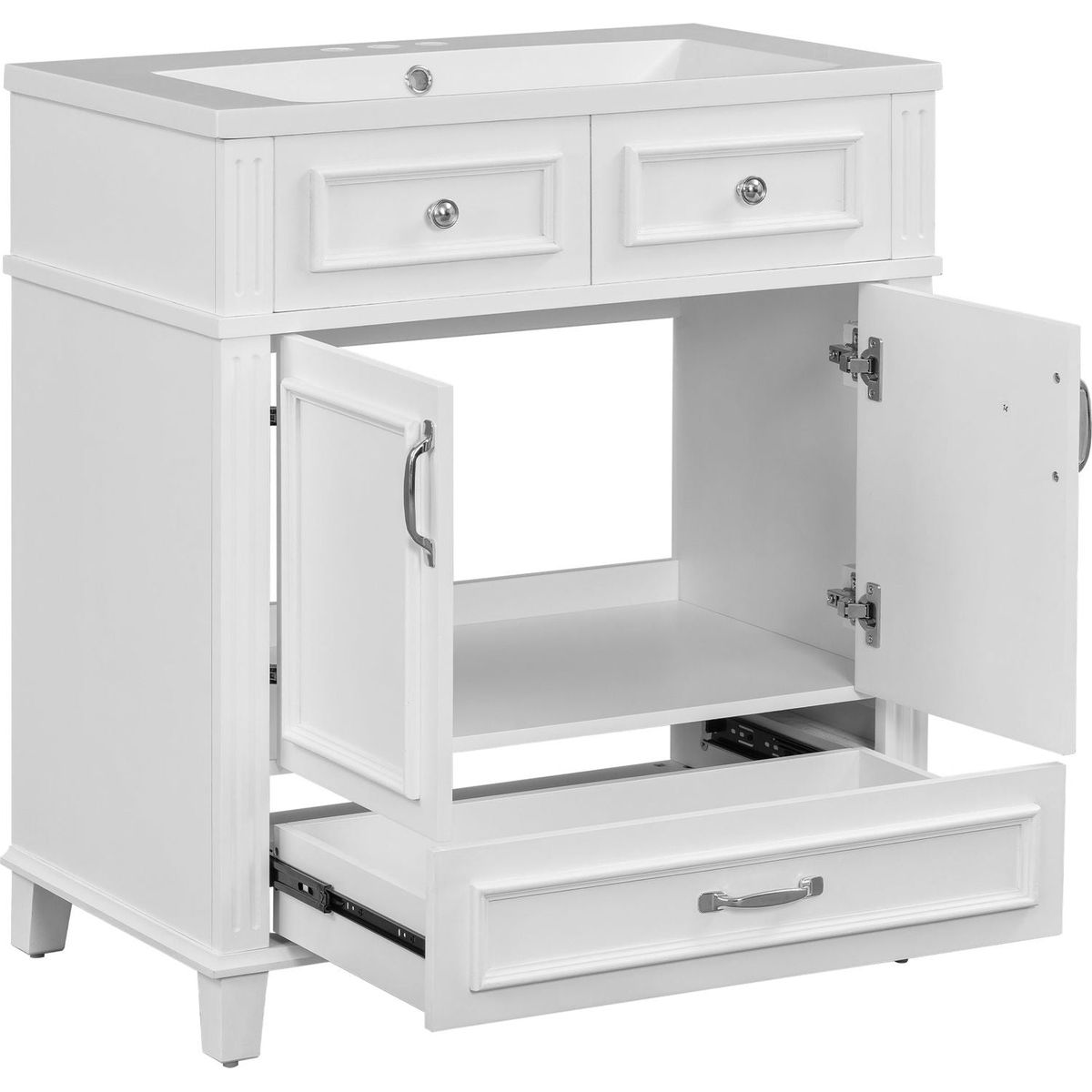 30" Bathroom Vanity with Resin Sink, Solid Wood Frame Bathroom Storage Cabinet with Soft Closing Doors, Retro Style, White