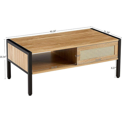 40.16" Rattan Coffee table, sliding door for storage, metal legs, Modern table for living room, natural