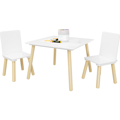 Kids Table and 2 Chairs Set, 3 Pieces Toddler Table and Chair Set, Wooden Activity Play Table Set (White)