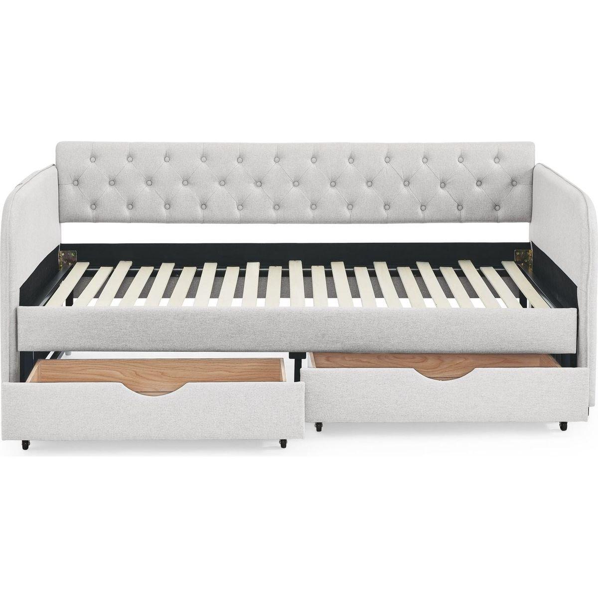 Twin Size Upholstery Daybed with Trundle Bed and Two Storage Drawers, Flat Arms with Pocket, Extendable Daybed for Bedroom Living Room,Linen Beige