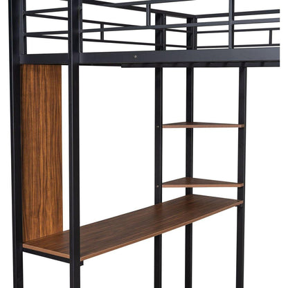 Full Size Metal Loft Bed with 2 Shelves and one Desk, Black