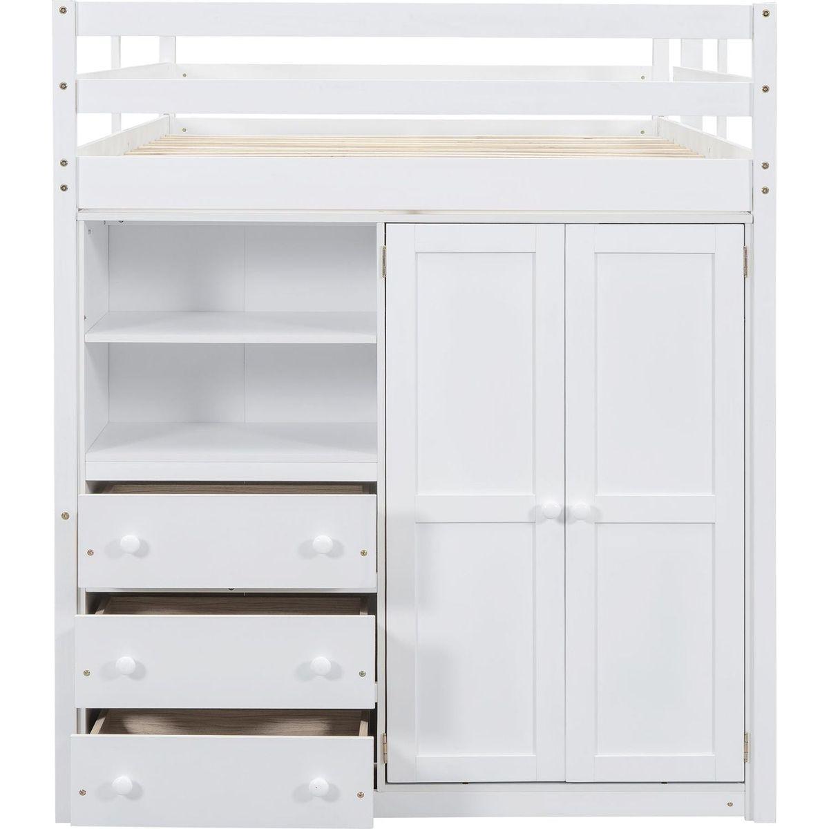 Wood Full Size Loft Bed with Built-in Wardrobe, Desk, Storage Shelves and Drawers, White