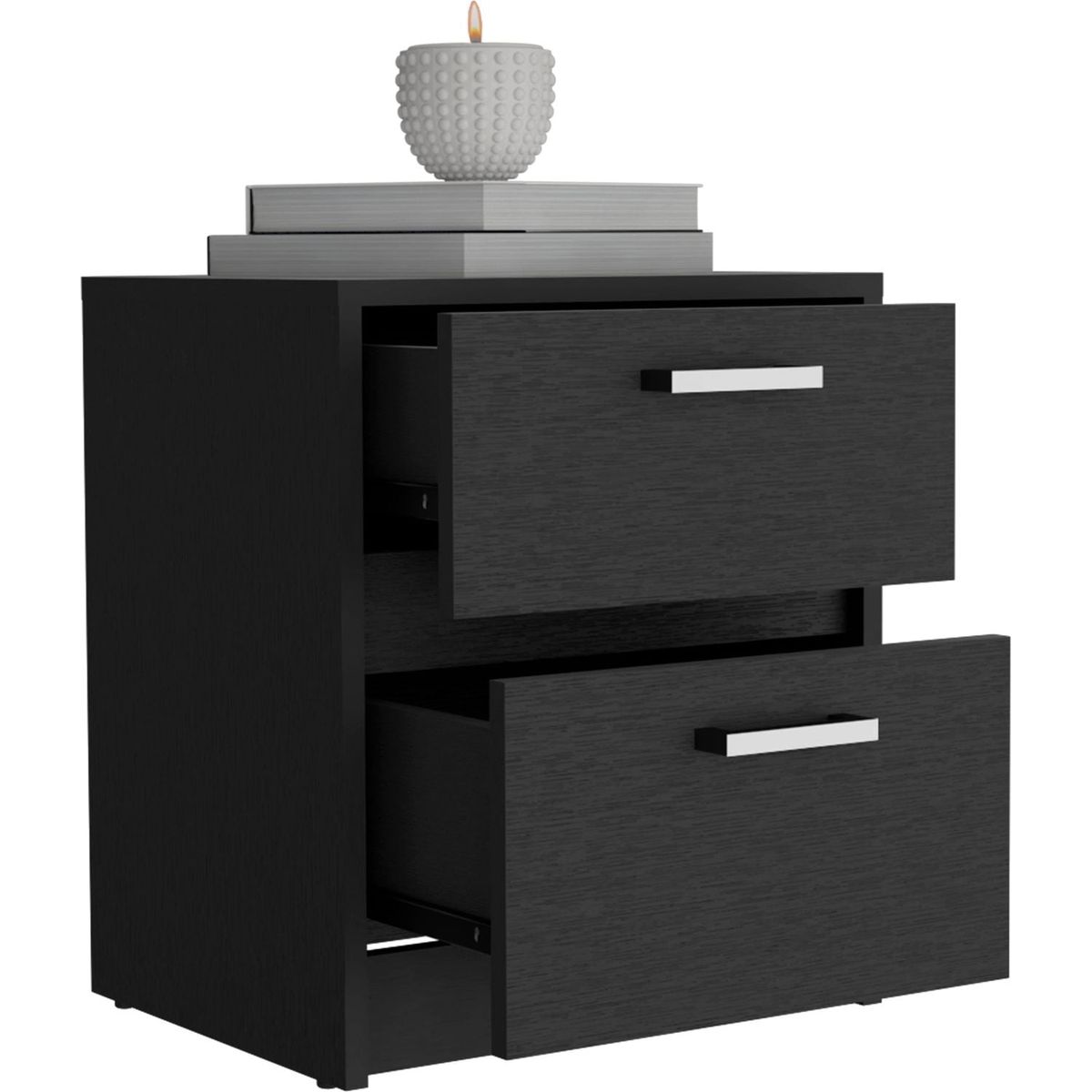 Trivor 2 Drawers Nightstand, Metal Handles -Black