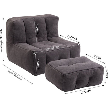 Fluffy bean bag chair, comfortable bean bag for adults and children, super soft lazy sofa chair with memory foam and ottoman, indoor modern focus bean bag chair for living room, bedroom, apartment