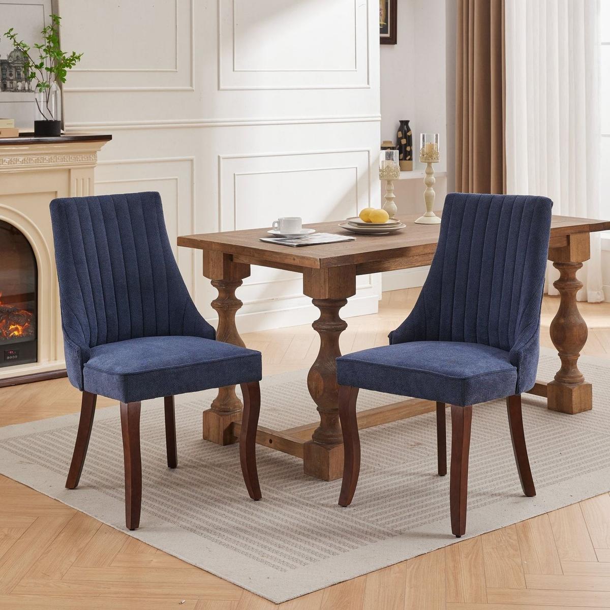 Rayon Cloth Flocking Linen Dining Chairs Channel Kitchen Dinner Chair Comfy Fabric Upholstered Accent Chair for Dining Room with Curved Solid Wood Legs,Set of 2 (Blue) - Streamdale Furniture