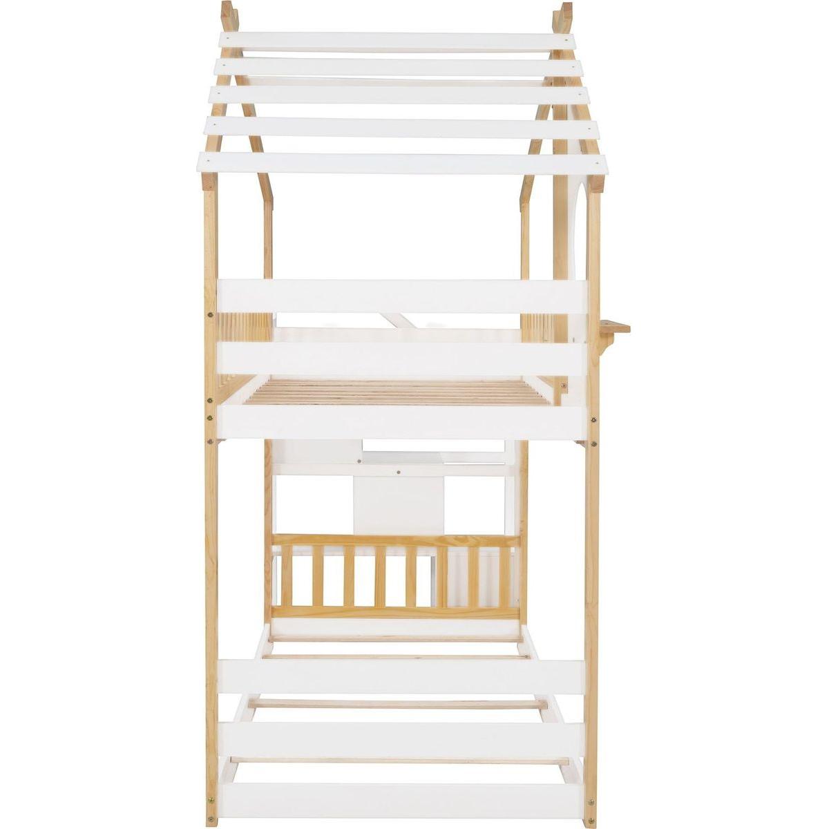 Stairway Twin-Over-Twin Bunk Bed,House Bed,Storage and Guard Rail,Natural Bed +White Stair
